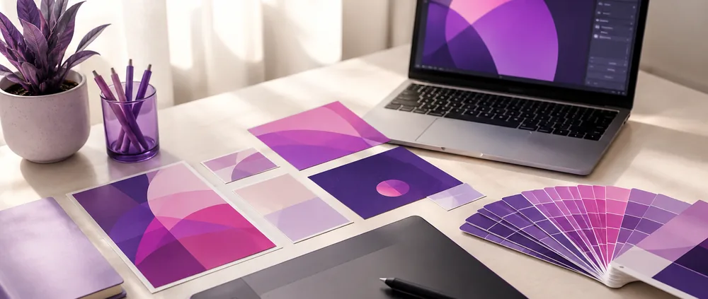 Meja desain dengan cetakan materi brand bernuansa ungu, kipas contoh warna, pen tablet, dan laptop menampilkan kanvas desain