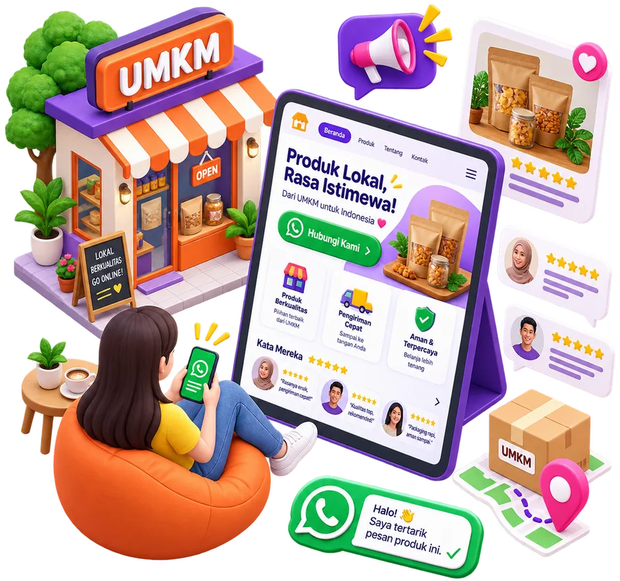 Ilustrasi pemilik UMKM dengan website tokonya di tablet, tombol WhatsApp, dan ulasan pelanggan